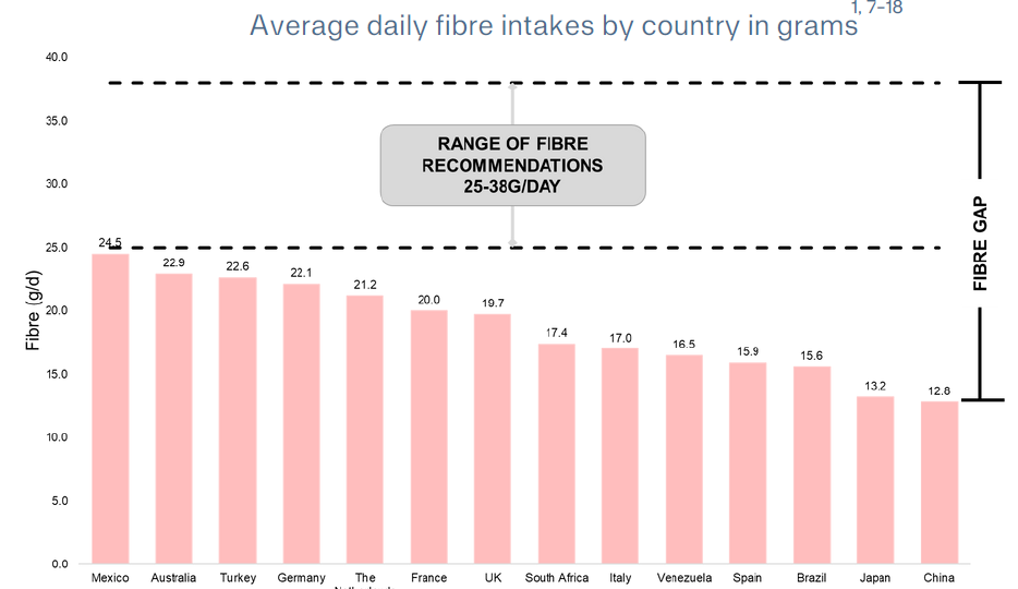 Average daily fibre intakes by country